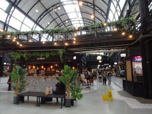 market stalls inside an indoor market hall